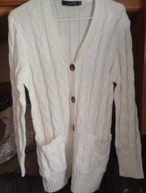 Cable-Knit Longline Cardigan in Cream by Kensie